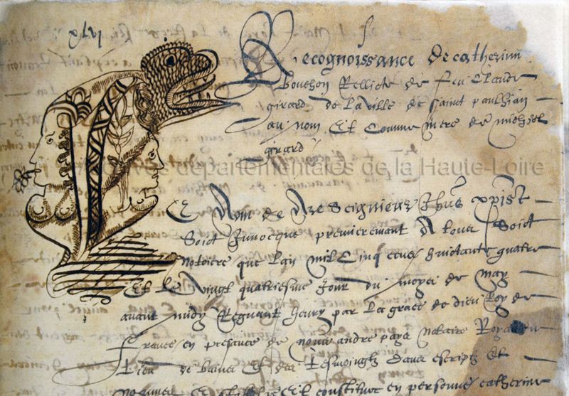Archives départementales de la Haute-Loire. Lettrines en forme de tête du terrier pour Louis de Larochelambert, 1584 (cote 1 E 157). 