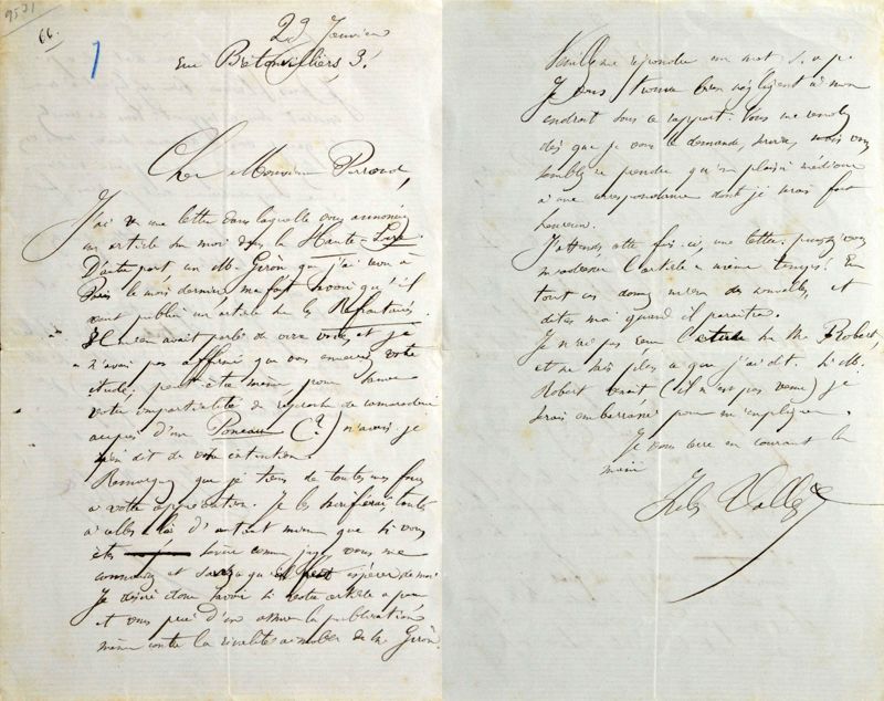 Archives départementales de la Haute-Loire. Lettre de Jules Vallès (1 J 955).