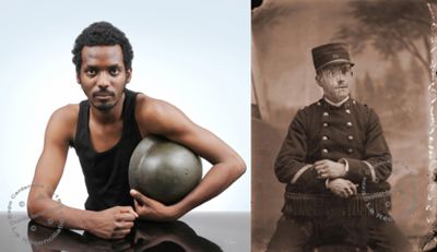 Archives départementales de la Haute-Loire. Exposition photographique de Xavier Bénony, "La Réconciliation". Jeune homme tenant un casque Allemand et poilu (fonds Chanal).