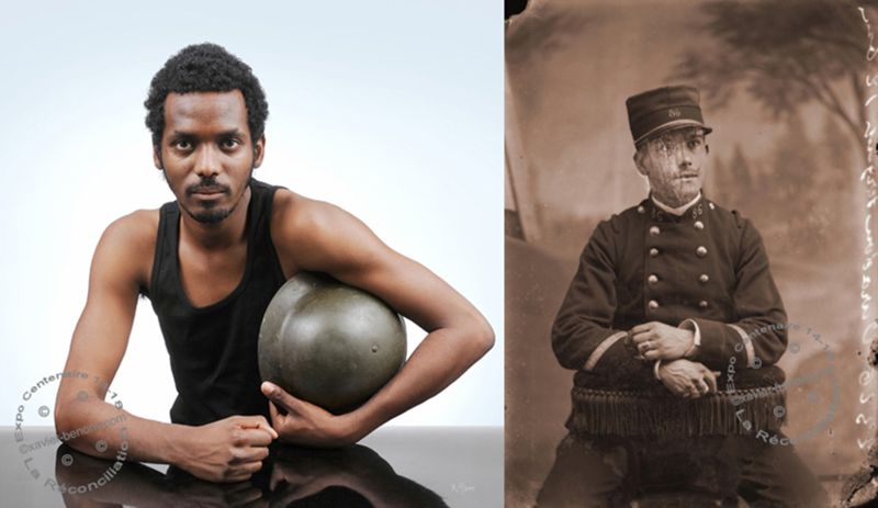 Archives départementales de la Haute-Loire. Exposition photographique de Xavier Bénony, "La Réconciliation". Jeune homme tenant un casque Allemand et poilu (fonds Chanal).
