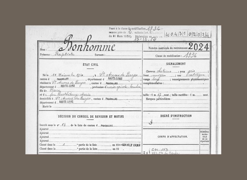 Archives départementales de la Haute-Loire. Tables et registres matricules (1 R détail).