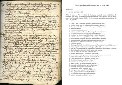 Archives départementales de la Haute-Loire. Cours de paléographie, mois d'avril 2020, texte et corigé (B 604).