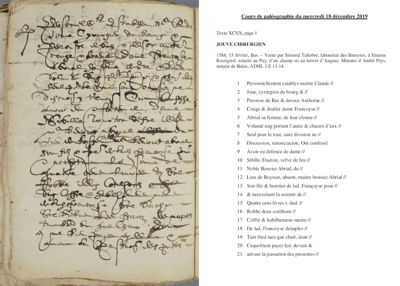 Archives départementales de la Haute-Loire. Cours de paléographie, mois de décembre 2019, texte et corrigé page 1/2 (3 E 13/14).