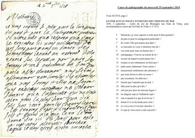 Archives départementales de la Haute-Loire. Cours de paléographie, mois de septembre 2019, yexye et corrigé, page 2/4 (1 C 412).