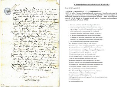 Archives départementales de la Haute-Loire. Cours de paléographie, mois d'août 2019, texte et corrigé (1 C 412). 