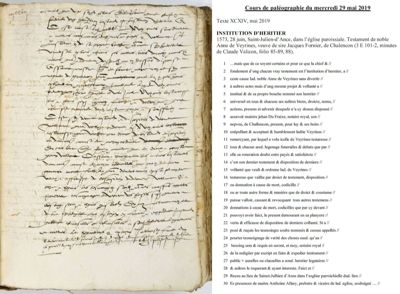 Archives départementales de la Haute-Loire. Cours de paléographie, mois de mai 2019, texte et corrigé (3 E 101/2). 