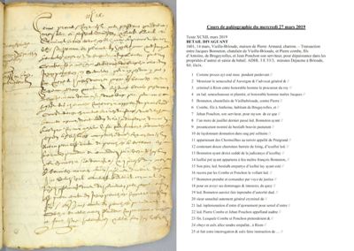 Archives départementales de la Haute-Loire. Cours de paléographie, mois de mars 2019 et corrigé (3 E 53/3). 