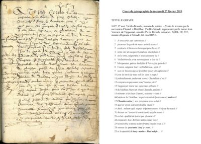 Archives départementales de la Haute-Loire. Cours de paléographie, mois de février 2019 et corrigé (3 E 53/3). 