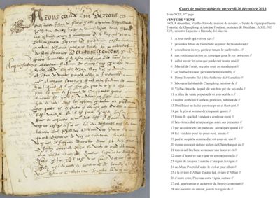 Archives départementales de la Haute-Loire. Cours de paléographie, mois de décembre 2018 et corrigé (3 E 53/3). 