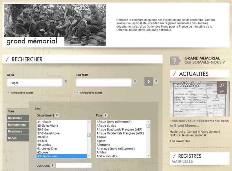 Archives départementales de la Haute-Loire. "Grand memorial", base nationale du ministère de la Culture.