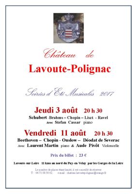Archives départementales de la Haute-Loire. Soirées musicales d'été au Château de Lavoûte-Polignac.