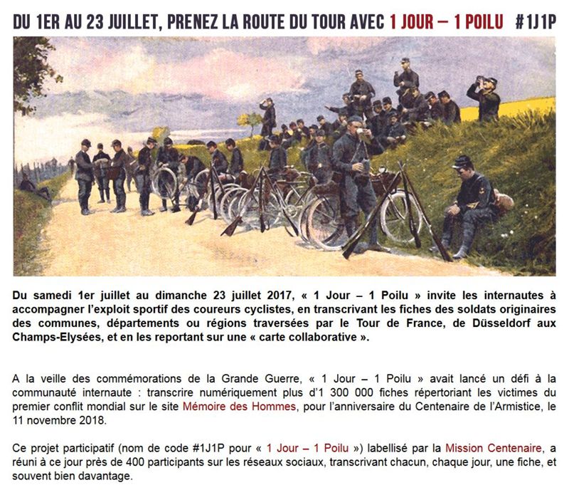 Archives départementales de la Haute-Loire. Opération "1 jour-1 poilu sur la route du Tour" (transcription des fiches de Poilus morts pour la France).