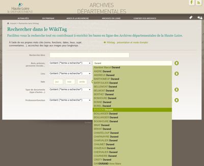 Archives départementales de la Haute-Loire. Formulaire de recherche dans les indexations (Wikitag).