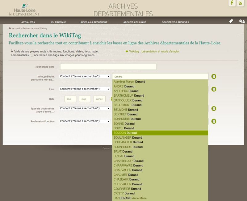 Archives départementales de la Haute-Loire. Formulaire de recherche dans les indexations (Wikitag).