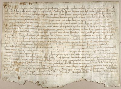 Archives départementales de la Haute-Loire. Donation de l'abbaye de Brantôme à l'abbaye de La Chaise-Dieu (parchemin 1 H 182/1).