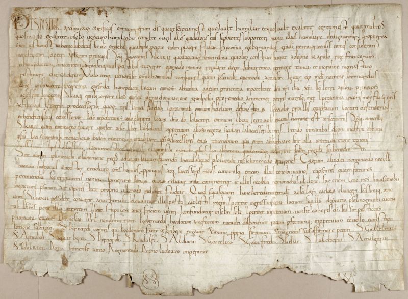 Archives départementales de la Haute-Loire. Donation de l'abbaye de Brantôme à l'abbaye de La Chaise-Dieu (parchemin 1 H 182/1).