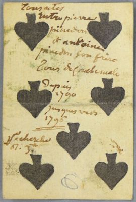 Archives départementales de la Haute-Loire. Cartes à jouer trouvées dans les minutes du notaire Bernard à Rosières (3 E 361/4, XVIIIe s.).