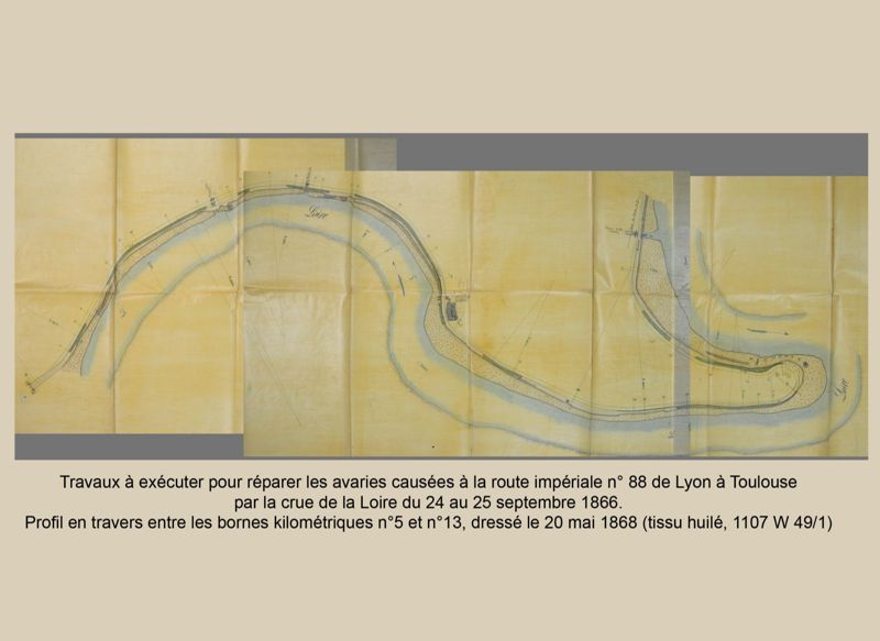 Archives départementales de la Haute-Loire. Crue de la Loire du 24 au 25 septembre 1866, plan des travaux à exécuter pour réparer les avaries causées à la route impériale n° 88 de Lyon à Toulouse (1107 W 49/1).
