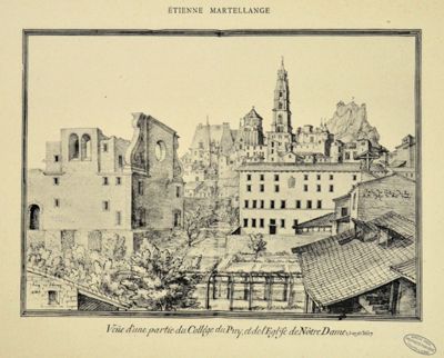 Archives départementales de la Haute-Loire. « Veüe d'une partie du collège du Puy et de l'église de Nôtre Dame ». Reproduction d'une affiche d'Étienne Martellange du 27 février 1617 (5 Fi Le Puy 31/8).