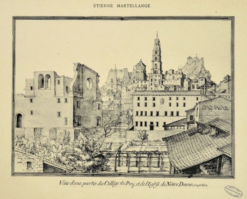 Archives départementales de la Haute-Loire. « Veüe d'une partie du collège du Puy et de l'église de Nôtre Dame ». Reproduction d'une affiche d'Étienne Martellange du 27 février 1617 (5 Fi Le Puy 31/8).