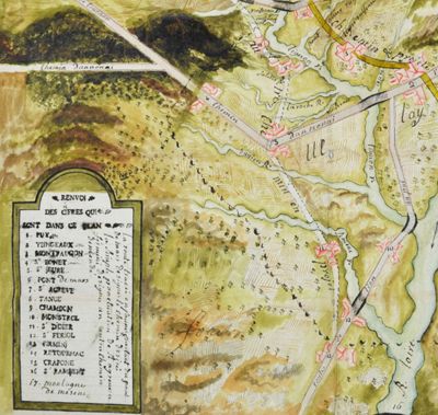 Archives départementales de la Haute-Loire. Carte aquarellée des routes du Velay au XVIIIe siècle, détail (1 C 2572).
