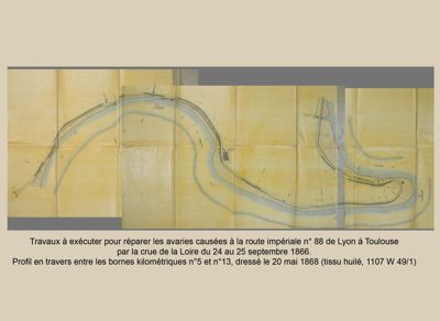 Archives départementales de la Haute-Loire. Crue de la Loire du 24 au 25 septembre 1866, plan des travaux à exécuter pour réparer les avaries causées à la route impériale n° 88 de Lyon à Toulouse (1107 W 49/1). 