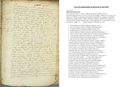 Archives départementales de la Haute-Loire. Cours de paléographie, mois d'août 2018 et corrigé, texte (3 E 53).