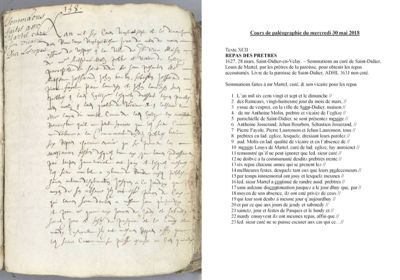 Archives départementales de la Haute-Loire. Cours de paléographie, mois de mai 2018, texte et corrigé (362 J NC).