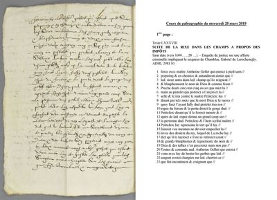 Archives départementales de la Haute-Loire. Cours de paléographie du mois de mars 2018, texte et corrigé (298 J 10 suite).