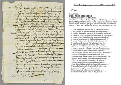 Archives départementales de la Haute-Loire. Cours de paléographie, mois de novembre 2017 et corrigé (298 J NC). 