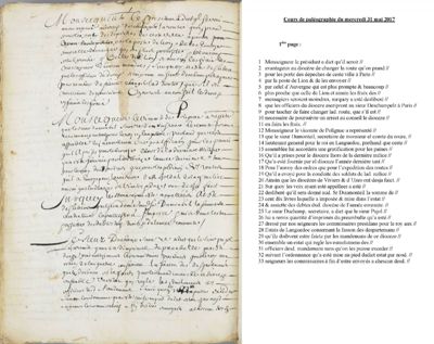 Archives départementales de la Haute-Loire. Cours de paléographie, mois de mai 2017 et corrigé (1 C 380).