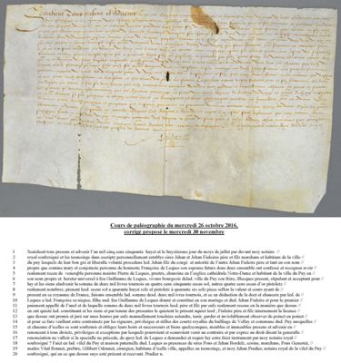 Archives départementales de la Haute-Loire. Cours de paléographie, mois d'octobre 2016 et corrigé (134 J NC).