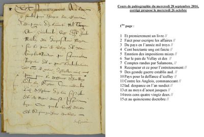 Archives départementales de la Haute-Loire. Cours de paléographie, mois de septembre 2016 et corrigé (1 C 353).
