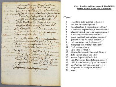 Archives départementales de la Haute-Loire. Cours de paléographie, mois d'août 2016 et corrigé (134 J NC, pages 4 et 5). 