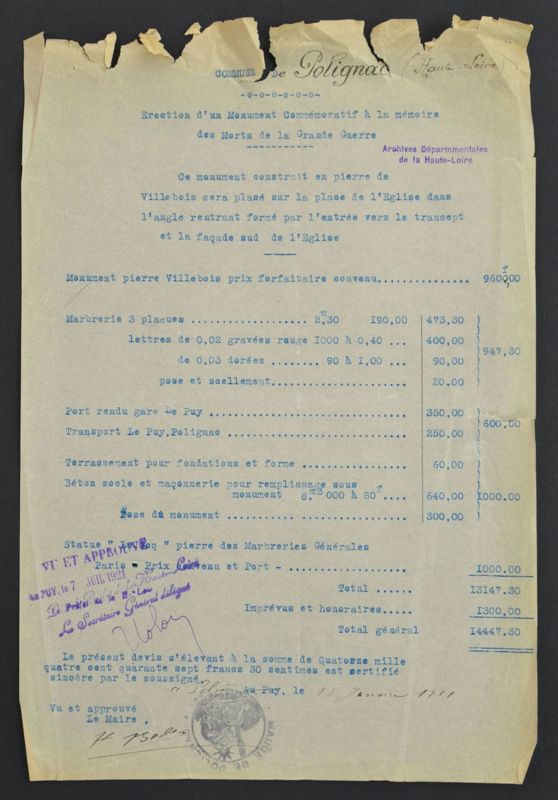 Archives Départementales de la Haute-Loire. Monument aux morts de Polignac, devis, 15 janvier 1921 (152 O IV-1).