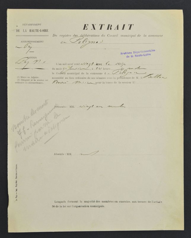 Archives départementales de la Haute-Loire. Monument aux morts de la commune de Polignac, extrait du registre des délibérations du conseil municipal de Polignac, 16 janvier 1921, recto (152 O IV-1).
