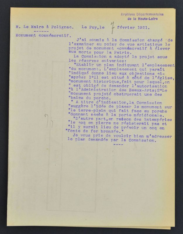 Archives départementales de la Haute-Loire. Monument aux morts de la commune de Polignac, courrier de la Préfecture de Haute-Loire, 7 février 1921 (152 O IV-1).