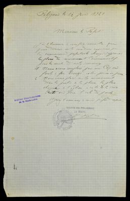 Archives départementales de la Haute-Loire. Monument aux morts de la commune de Polignac, courrier du maire de Polignac, 17 juin 1921 (152 O IV-1).