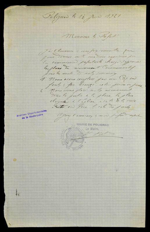Archives départementales de la Haute-Loire. Monument aux morts de la commune de Polignac, courrier du maire de Polignac, 17 juin 1921 (152 O IV-1).