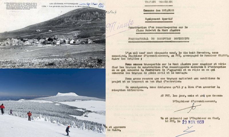 Archives départementales de la Haute-Loire. Sky en Haute-Loire, procès-verbal de réception définitive du 1er remonte-pente des Estables, novembre 1959 (1687 W 5), Maison du Tourisme (Luc Olivier), carte postale du mont d'Alambre (12 FI Les Estables 5).