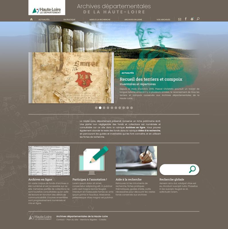Archives départementales de la Haute-Loire. Nouvelle version du site des Archives repoussée à la mi-janvier (visuel de la page d'accueil en cours de validation).