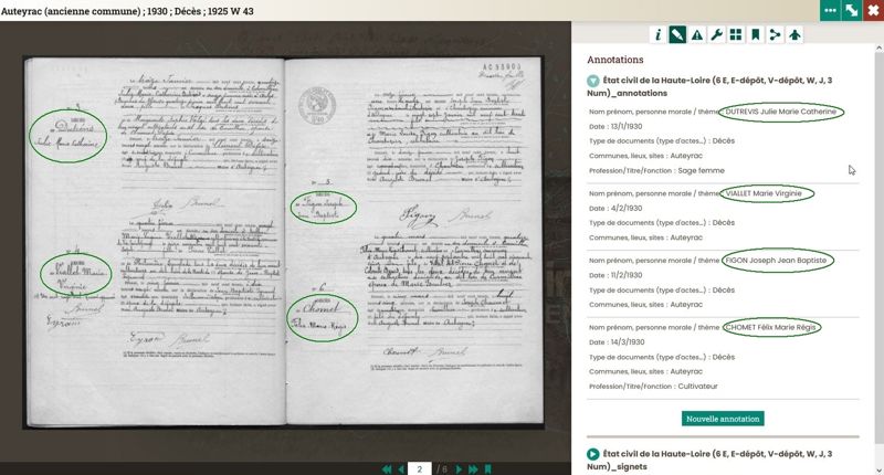Indexations des actes d'état civil (mariage et décès, années 1913-1930) créées par les Archives départementales de la Haute-Loire exclusivement, depuis 2020.