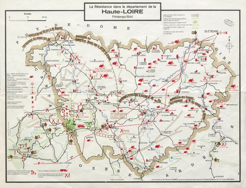 La Résistance dans le département de la Haute-Loire : printemps 1944, carte dressée par Gérard Combes, édition du Comité d'histoire de la 2ème guerre mondiale, 1971 44 x 57 cm, 1/ 320 000e (1 Fi GUERRE 1939-1945/2-2)