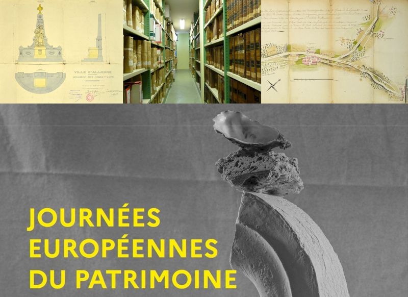JEP 2022. Monument aux morts de Céaux-d’Allègre (cote 3 O 4), vue d'un magasin des Archives départementales (2021), plan de la route de Craponne au Forez, vers 1788 (1 C 2571).