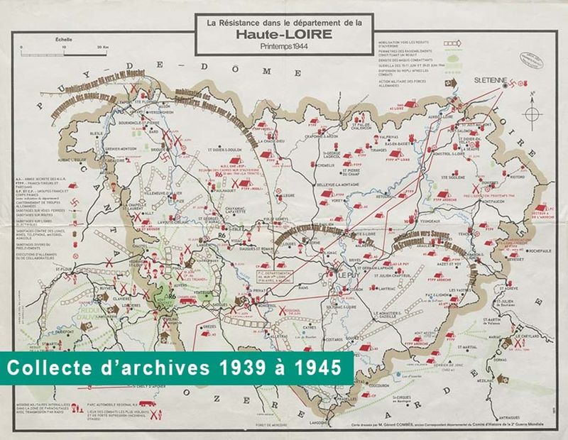 La Résistance dans le département de la Haute-Loire : printemps 1944, carte dressée par Gérard Combes, édition du Comité d'histoire de la 2ème guerre mondiale, 1971 (cote 1 Fi GUERRE 1939-1945/2-2, montage photo : Xavier Brun).