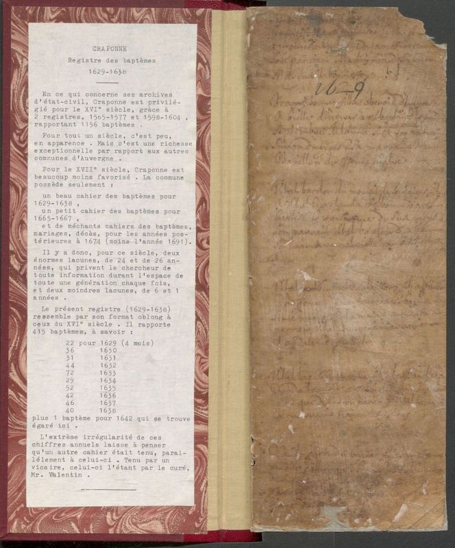 Registre des baptêmes de la commune de Craponne-sur-Arzon, 1629-1638, page de garde (E-dépôt 684/2)