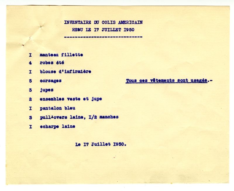 Financement, comptabilité. Dons et legs au Memorial. Dons de particuliers d'Amérique, en nature, 17 juillet 1950 (233 J 47)
