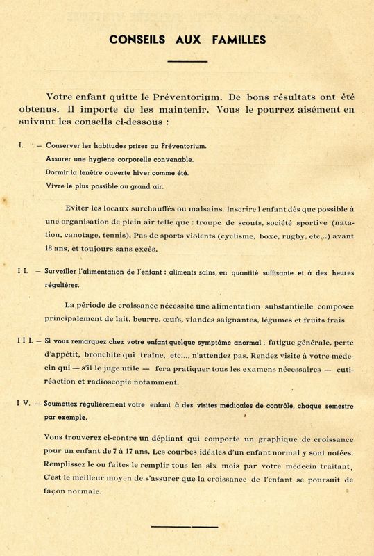Établissement et direction du Préventorium. Hygiène. Spécimens de livrets médicaux, page "Conseils aux familles", XXe s. (Archives du château de Chavaniac, 233 J 149)