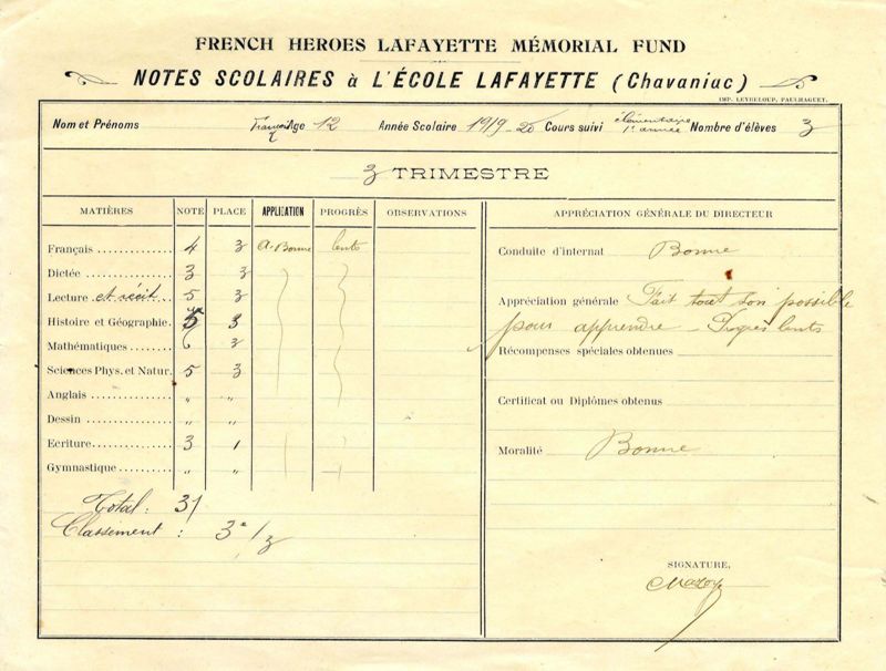 Direction de l'orphelinat, de l'école, du collège de Chavaniac : enfants recueillis. relevé de notes, année scolaire 1919-1920  (Archives du château de Chavaniac, 233 J 148)
