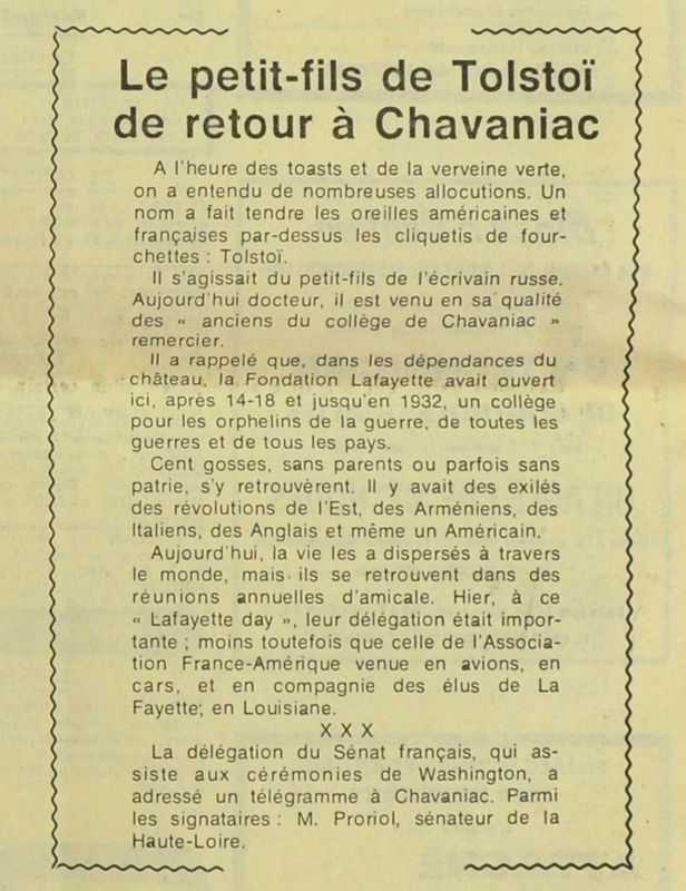 Entrefilet accompagnant l'article de presse ci-contre, extrait du journal L’Espérance, 7 septembre 1976  (Archives du château de Chavaniac, 233 J 297)
